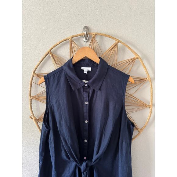 NWT J Jill Love Linen Navy Blue Shirt Dress Button Front Tie Pockets Midi XL - Picture 5 of 13